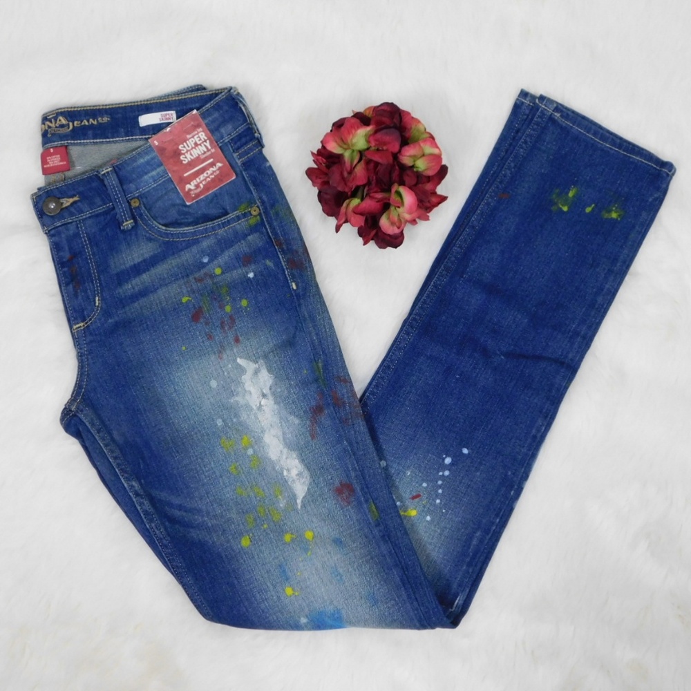 Arizona Womens Mid Rise Super Skinny Jean's Size 5 Paint Splatter Embellished